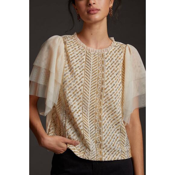 Anthopologie Let Me Be Gold/Cream Sequin Embroidered Flutter Short Sleeve Large - Picture 1 of 9